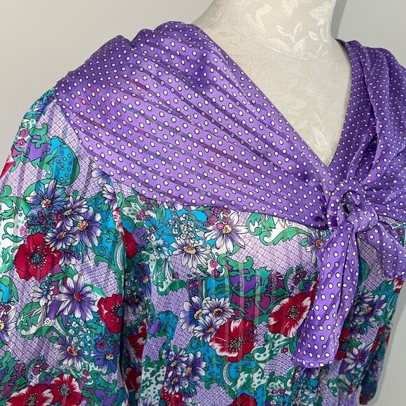 Diane Freis Vintage Womens Dress Size Medium Purple Floral Midi Elastic Waist - Picture 8 of 8
